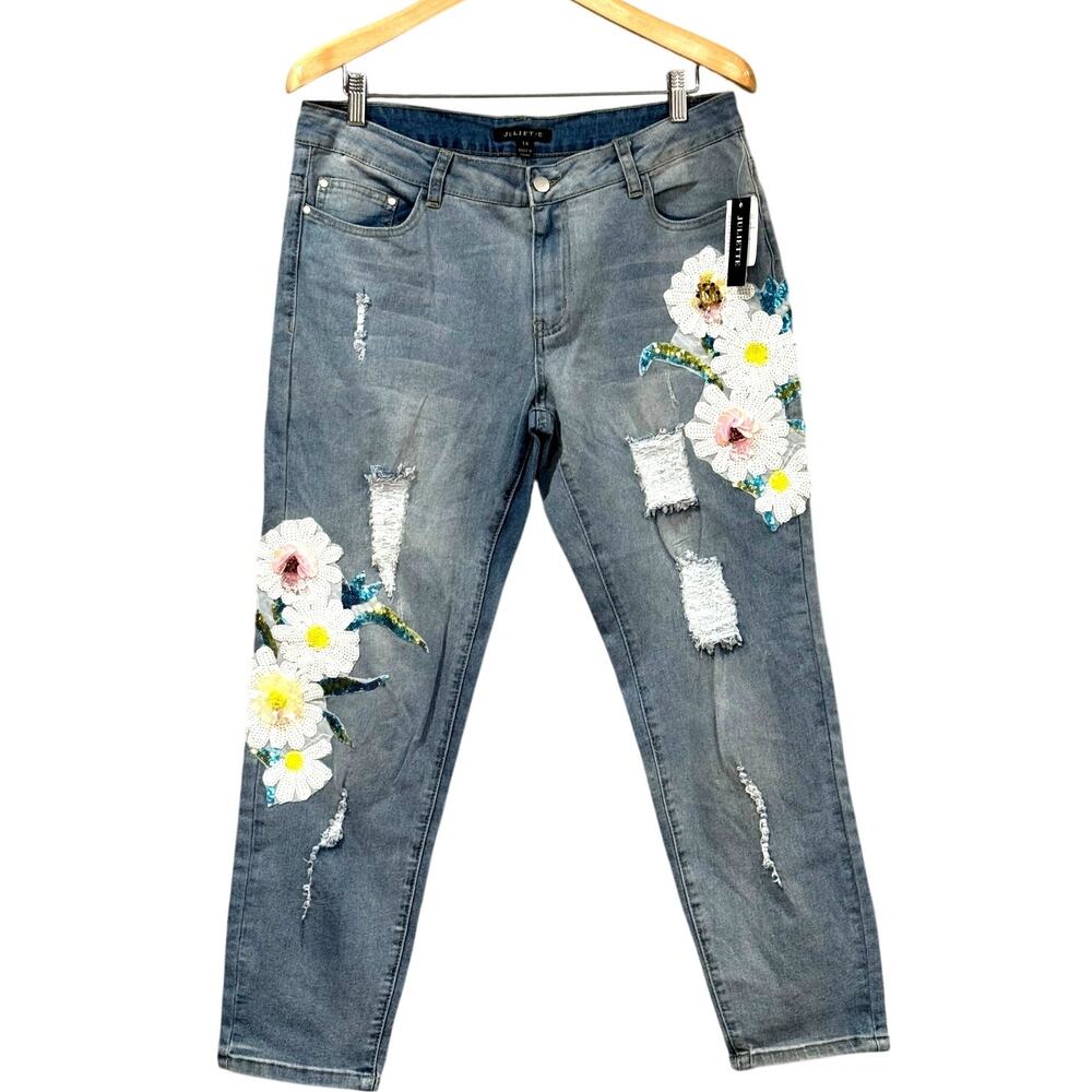 Art to Wear Juliette Daisy Sequin Applique Jeans Distressed NWT Womens 14 Floral